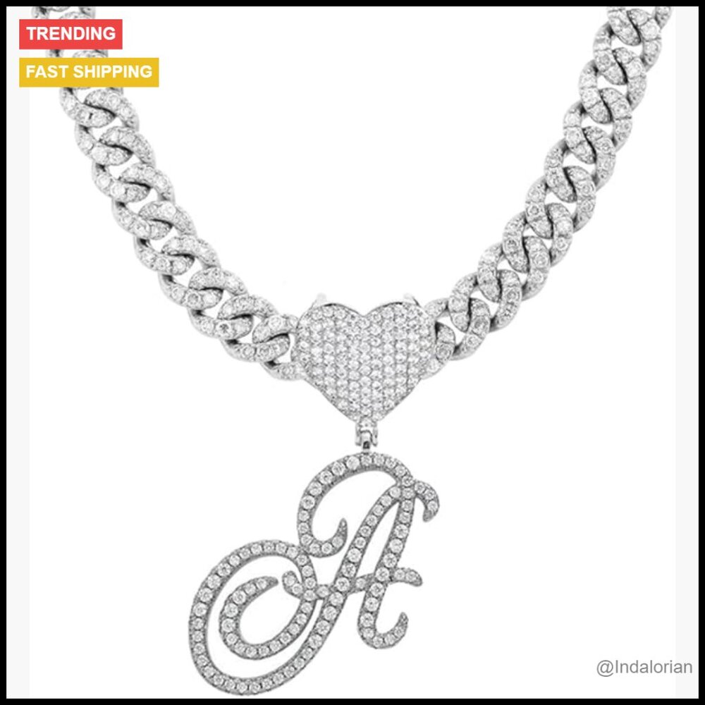 Sterling Silver Cuban Link Chain Necklace with Heart Letter Pendant
